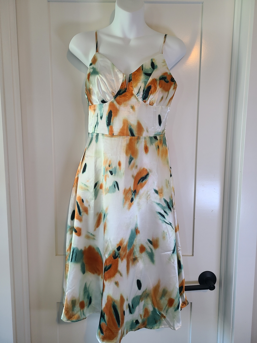 SHEIN Cream Midi Dress with Green and Orange Abstract Print